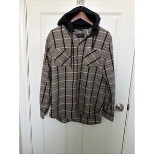 PacSun Flannel Button Up Shirt Men's M Brown Black Plaid Long Sleeve Hooded